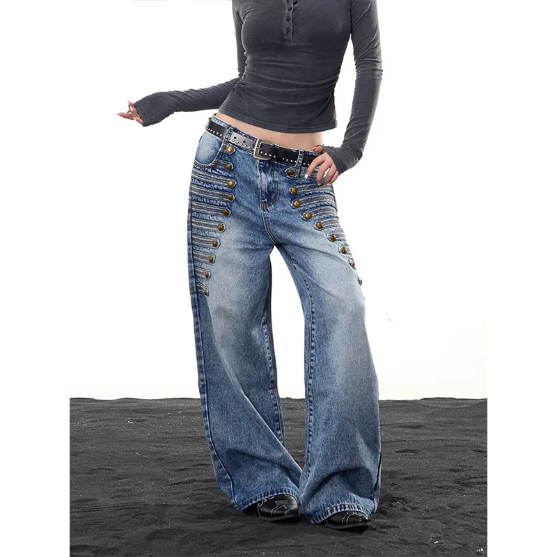 Women Blue Gothic Y2k Baggy Jeans Harajuku Vintage Cargo Denim Trousers American 2000s Style Oversize Jeans Pants Autumn Winter