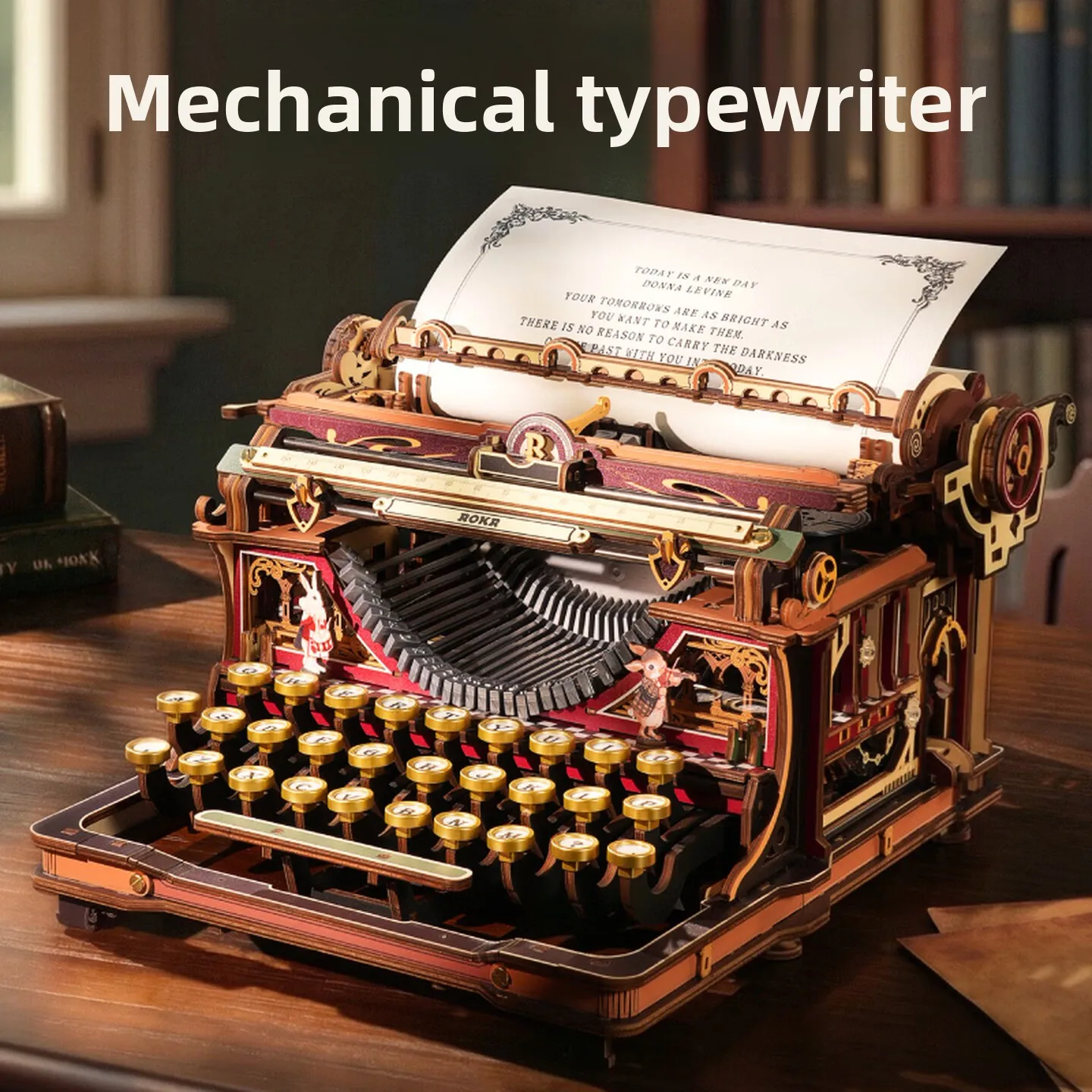 Vintage Typewriter Model Kit, DIY 3D Assembly Puzzle with Mechanical Details, Colored Parts, Challenging Interlocking Build