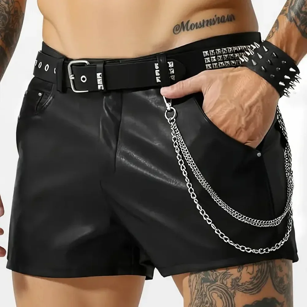 Casual Men's Shorts With Imitation Leather Fabric Pockets Punk Style Hot Pants For Nightclub Wear Straight Knee Length