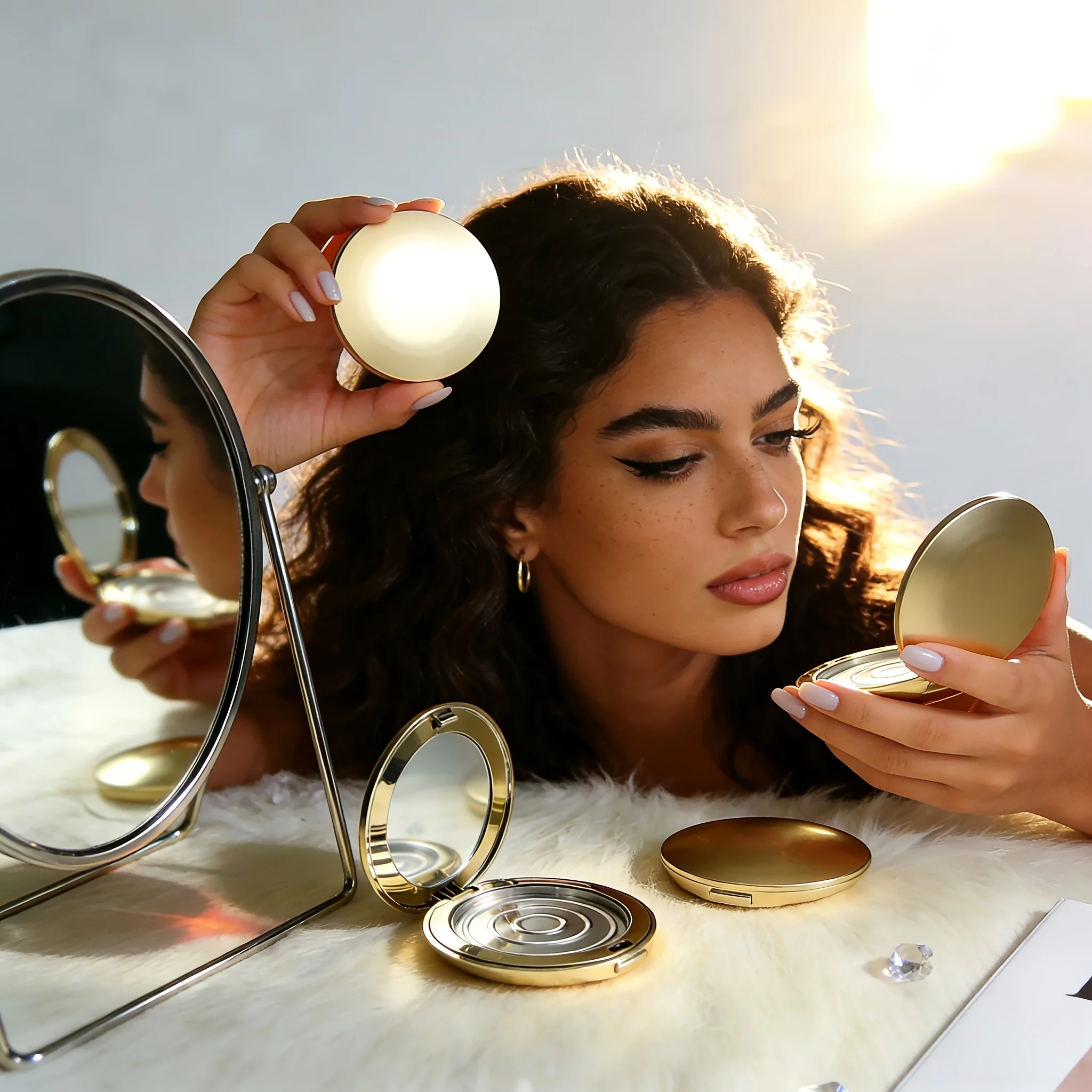 1pc Gold Plated Oval Empty Powder Compact with Mirror, ABS Plastic Refillable Makeup Case