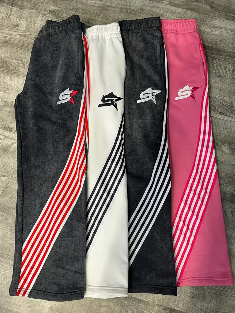 

2024, новый стиль, полосатые буквенные вышивки, винтажные уличные свободные брюки в стиле хип-хоп Y2K, мужские широкие брюки, модные брендовые повседневные брюки