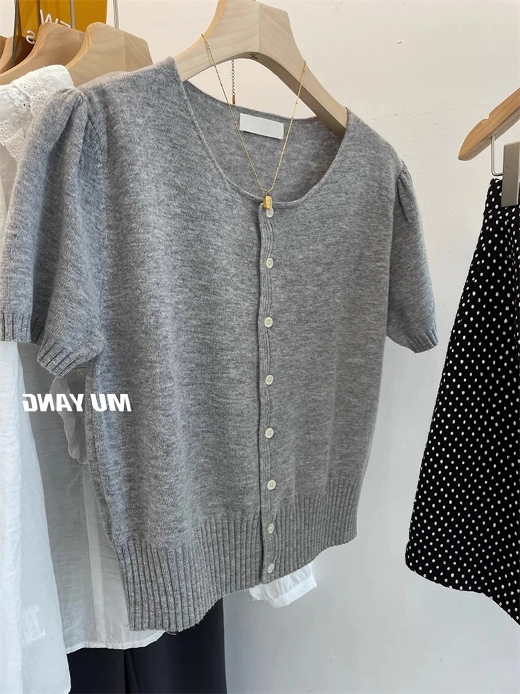 New Arrival Women's Grey Short Ice Silk Knitted Open Cardigan T-Shirt Loose Fit Summer Fashionable Top Casual Regular Sleeve