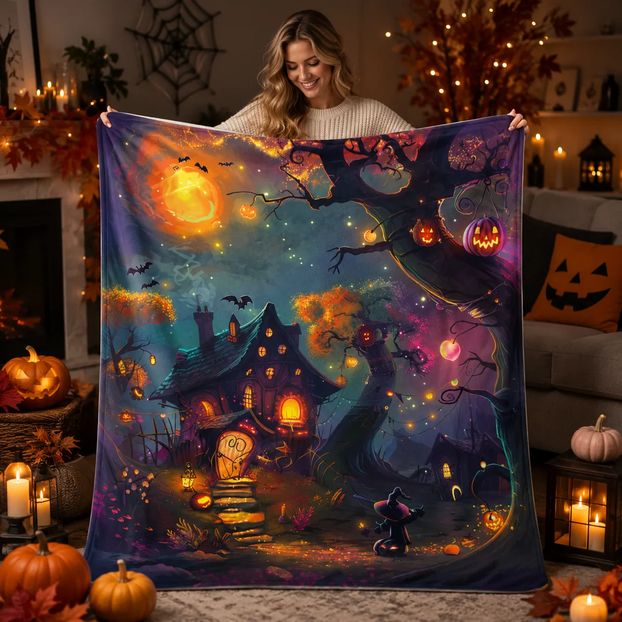 Halloween Throw Blanket - Cozy Autumn Decor with Witch and Haunted House