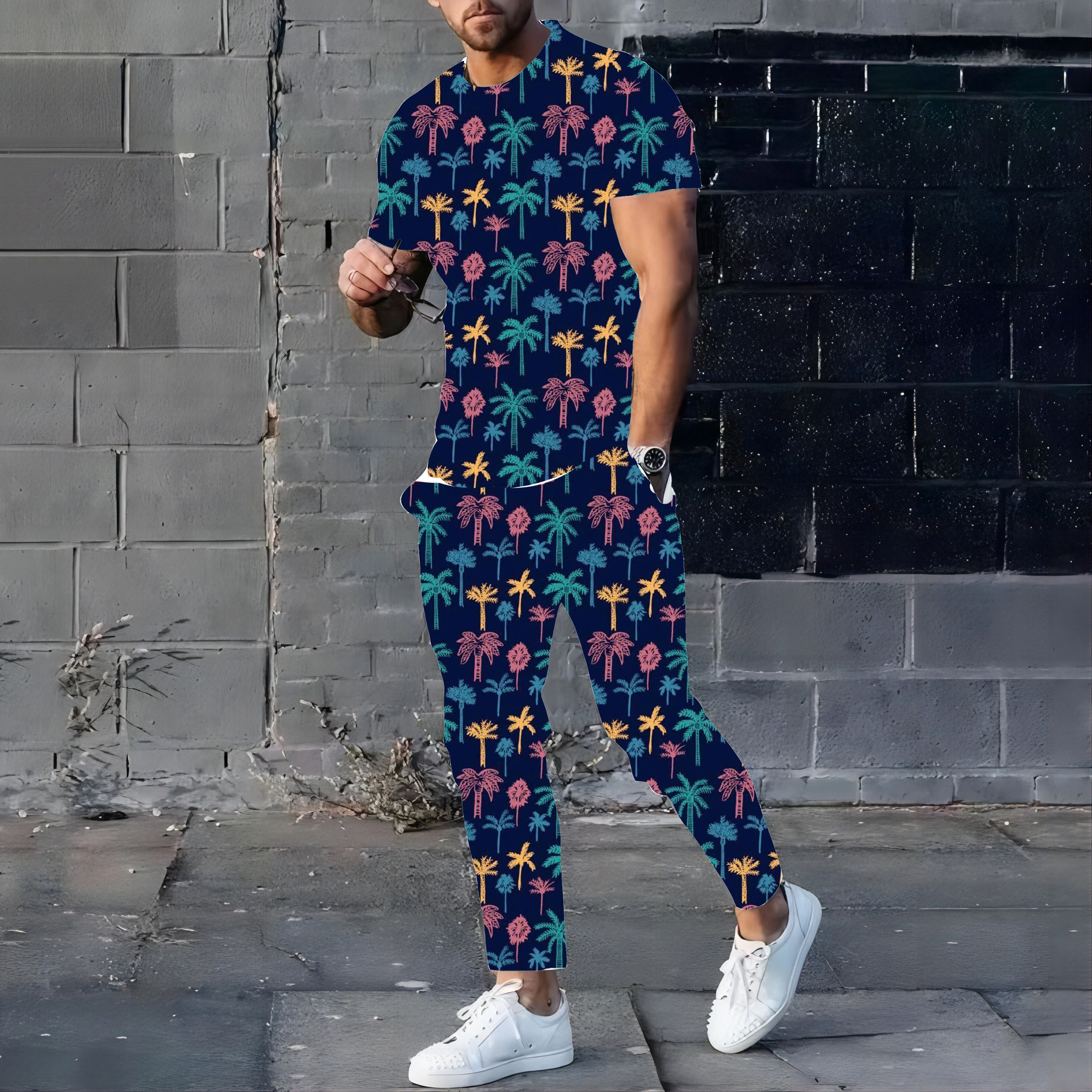Fashion Coconut Tree 3D Print Men Sportswear Set Casual Short-Sleeved T Shirt Pants 2-Piece Set Oversized Pullover Men Clothing