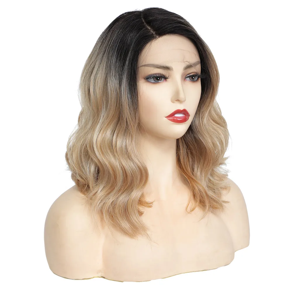 Spitze Front Synthetische Haar Perücken X-TRESS Ombre Braun Blonde Farbe Natürliche Welle Seite Teil 12\'\' Kurze Bob L Teil Spitze perücke Für Frauen