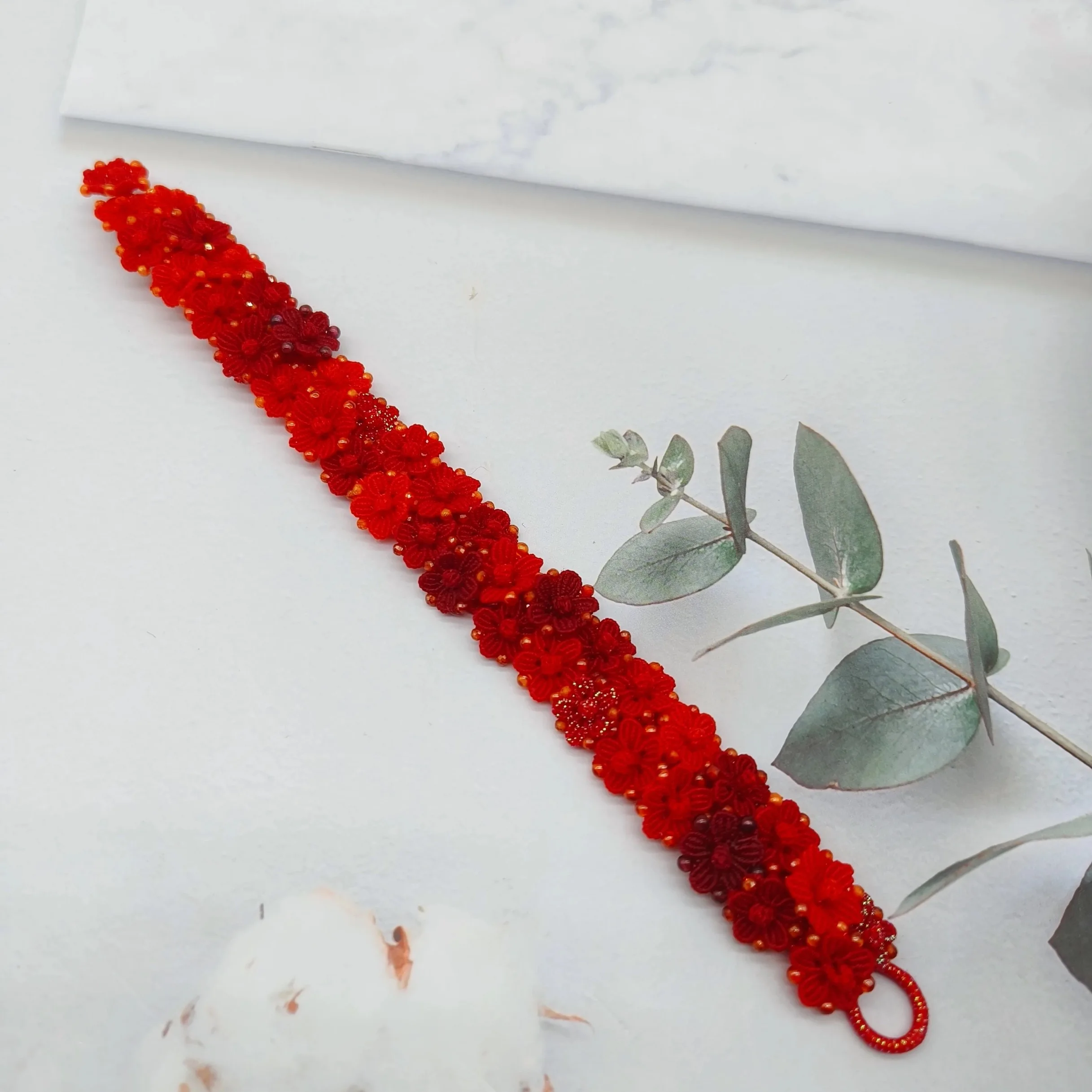 

Macrame Handmade Wax Thread Woven Small Numerous Flowers Bracelet Exclusive Custom Design