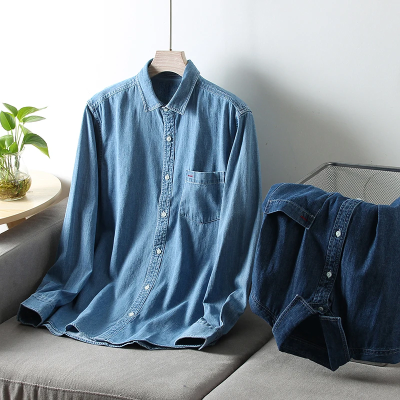 

Men's Casual Cotton Denim irt Long Sve Turn-down Collar Outerwear Comfortable Pure Cotton Water Waed Trendy Youth Faion