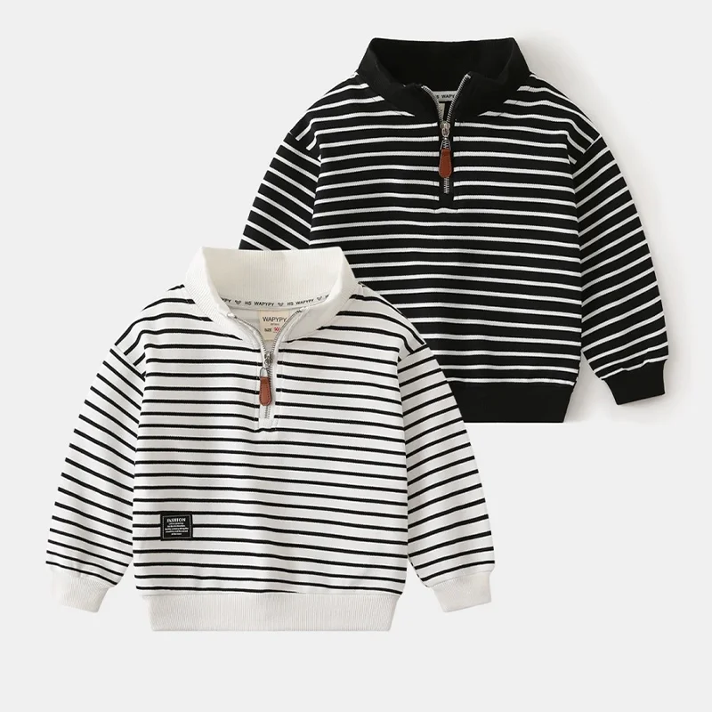 Boys Striped Sweatshirt 2-8 Years Kids Half Zip Stand Collar Long Sleeve Pullover Spring Autumn Letter Label Thin Top