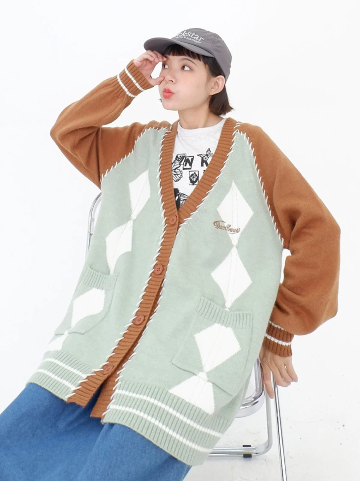 Spliced Lingge Sweaters Cardigan Women's 2023 Autumn/Winter New Loose Fit BF American College Style Knit