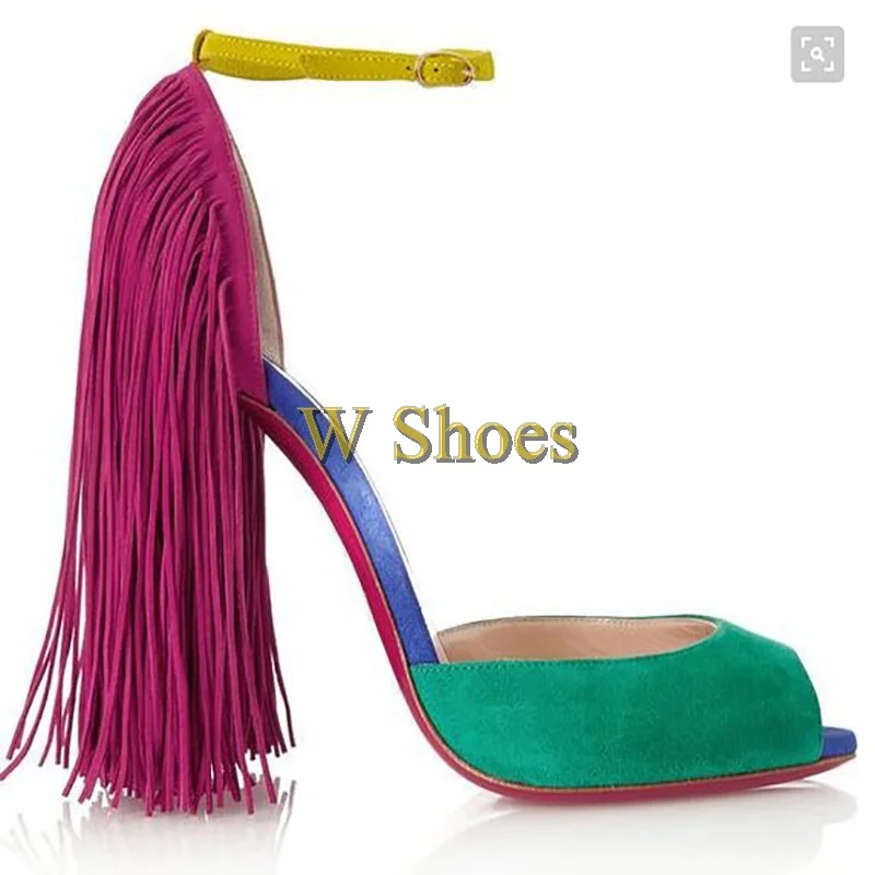 Colorblock Suede Fringe One-Line Buckle Stiletto Sandals Woman Summer 2025 Open Toe Roman Sandals Sexy Spring Summer Banquet