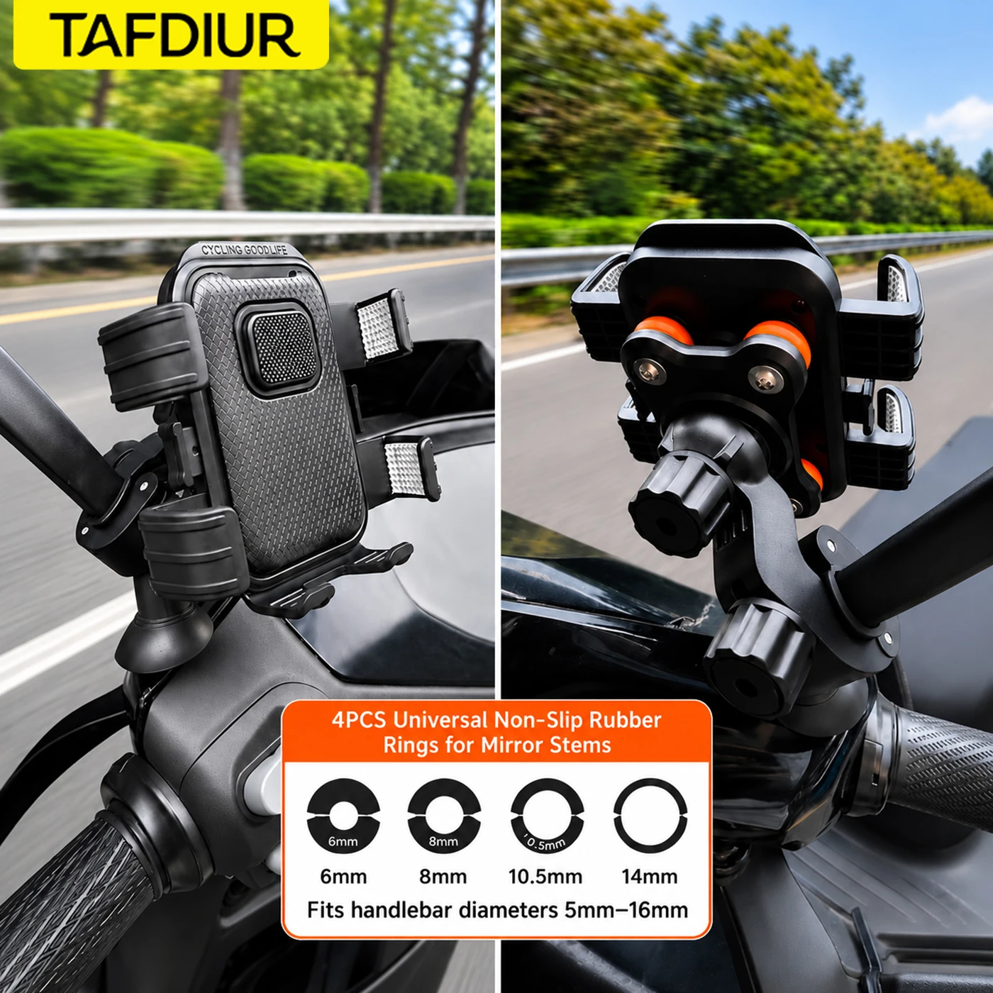 Tafdiur 1-Piece Abs Material Press-To-Unlock Motorcycle Phone Mount, Suitable for Motorcycles/Electric Scooters, Etc., with Six-Claw Stable Locking + Shock-Absorbing Airbag, No Need to Remove the Rearview Mirror for Installation, 360-Degree Rotation ° Rotating Adjustment, Compatible with Various Smartphones view 4
