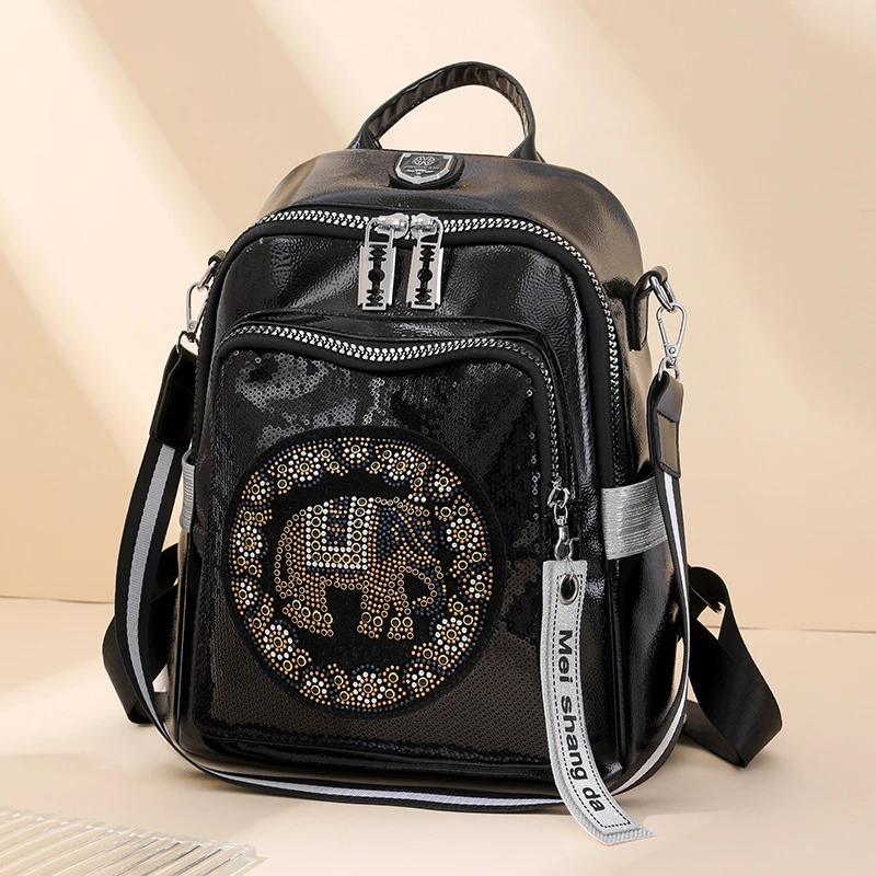 New Fashion Trend Diamond Inlaid Women\'s Backpack High Quality Soft Leather Female Shoulder Bag Large Capacity Girl Travel Bags