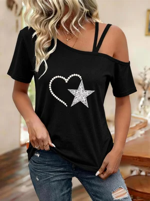 Y2K Style Creative Print with Pearl Heart-Shaped and Diamond Star Patterns, Elegant Design Women's Fashionable Casual Versatile Spring and Summer Hot-Selling Off-The-Shoulder T-Shirt
