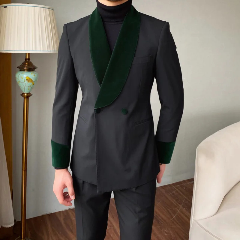 Shawl Collar Formal Dress Velvet Splicing Suit Two Piece Wedding Party Suit Groom Banquet Suit Slim Costume Homme Mariage