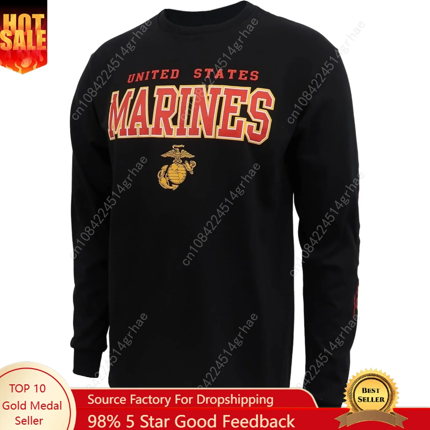 تي شيرت Armed Forces Gear Men's Marines Block بأكمام طويلة - قمصان مشاة البحرية الأمريكية المرخصة الرسمية للرجال (أسود)