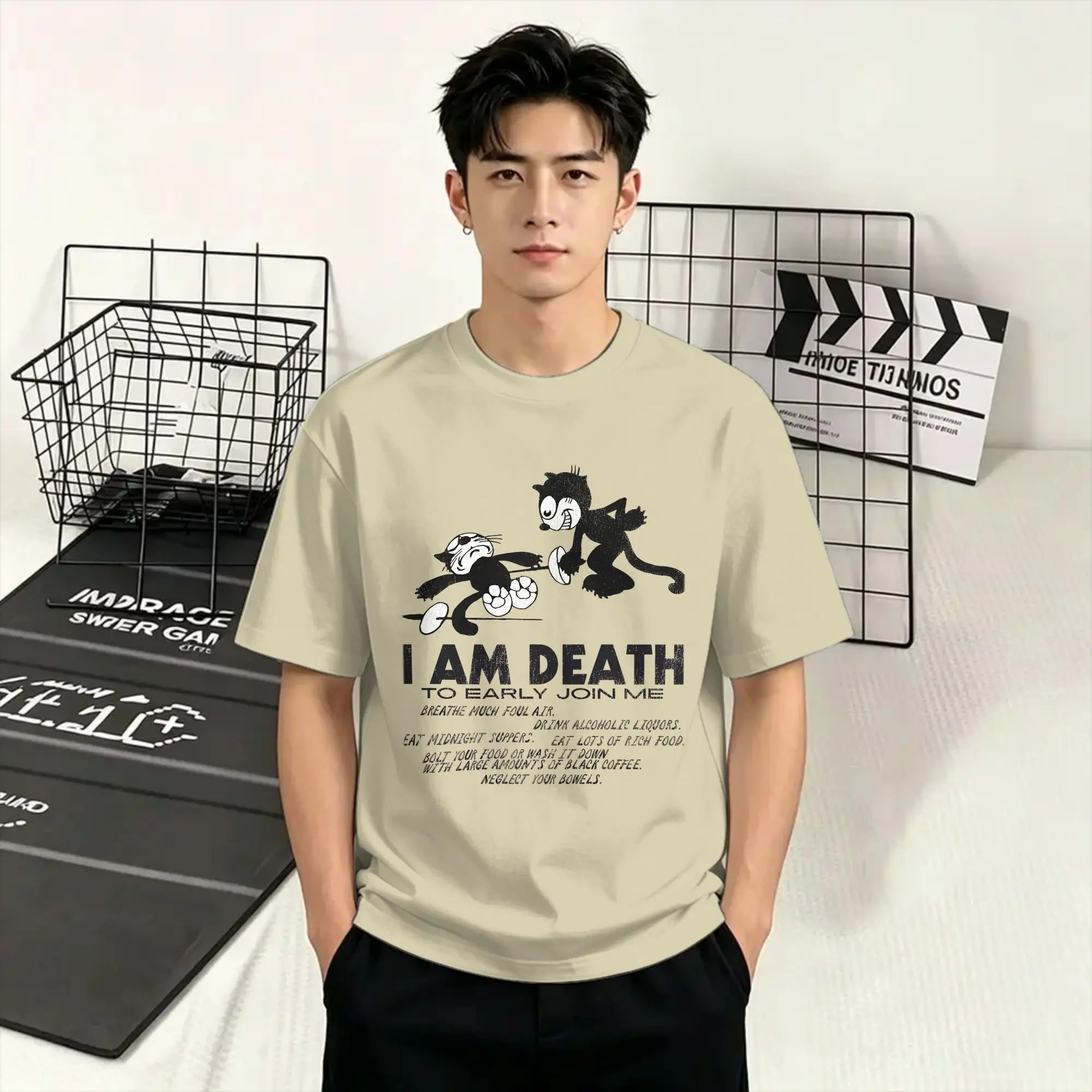 F-Felixs Black Cat 100 Cotton T Shirt For Mens Beach I Am Death Vintage T Shirts O Neck Harajuku Tees Big Size Hot Sale Tops
