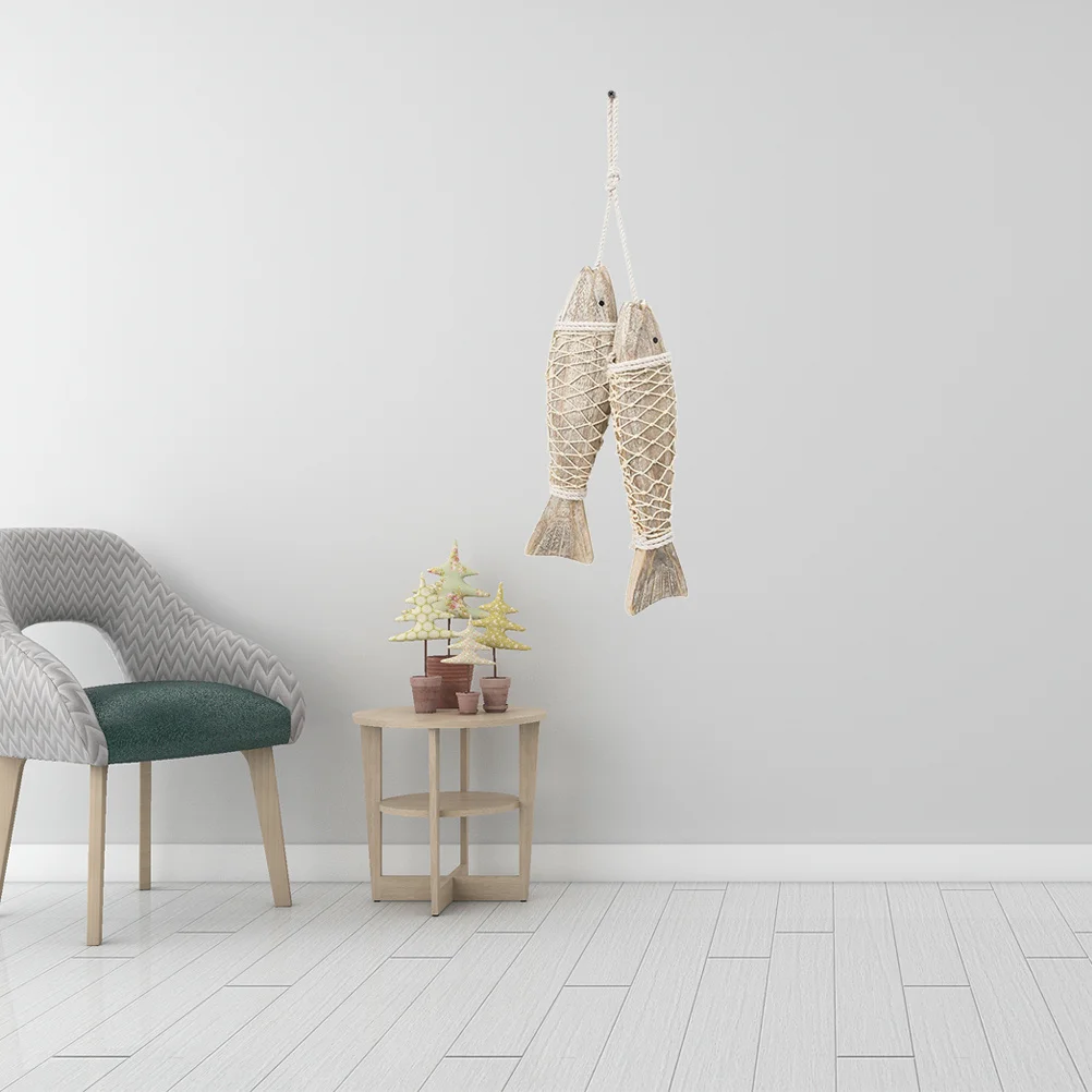 

Wood Fish Handmade Rustic Hand Carved Set Hanging Rope Wooden Fish Wall Decoration Photography Prop Home Beach Ship Pub Ornament