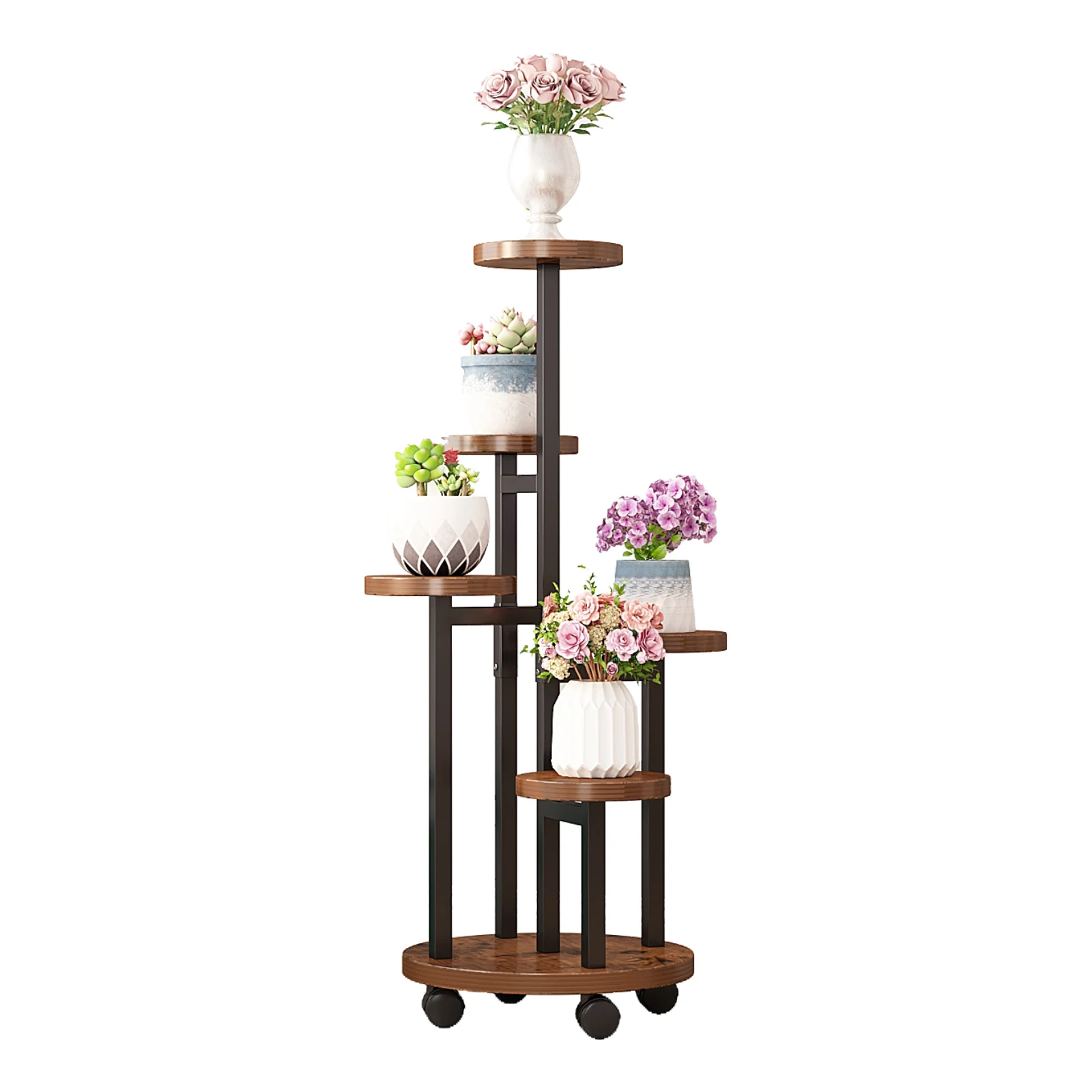 Floor Wrought Iron & Wooden Flower Shelf Home Garden Multi Layer Flower Plant Stand