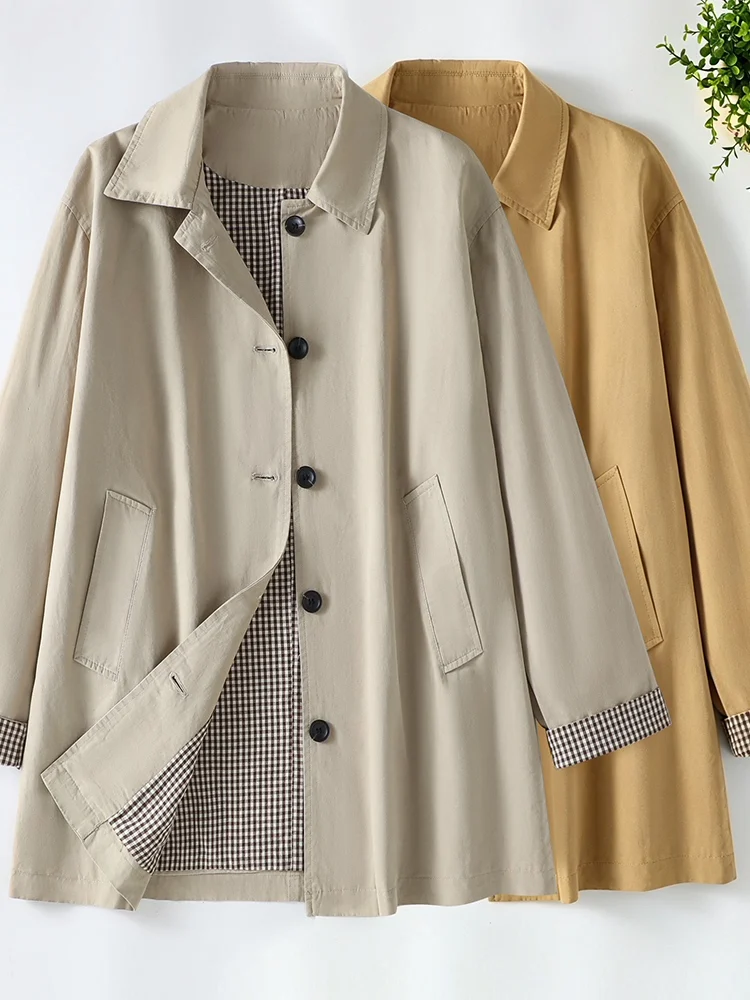 Fashionable Plaid Oversized Mid-Length Coat for plus Size Women Autumn New Arrival Simple Casual Versatile Inner Lined Jacket