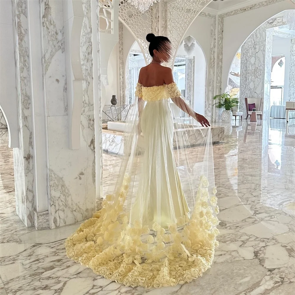 Amanda Customized Yellow Off Shoulder 3D Flower Prom Dress Mermaid Sleeveless vestidos de noche Floral Train Formal Evening 2025