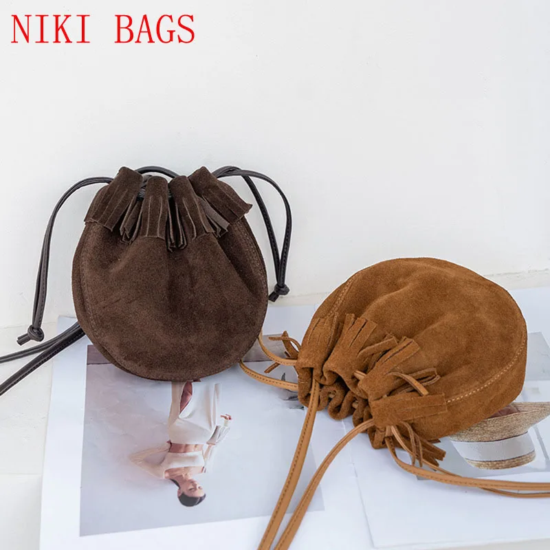 NIKI BAGS mini party handbag cowhide suede fringes smooth bucket bag women's drawstring retro business casual crossbody bag