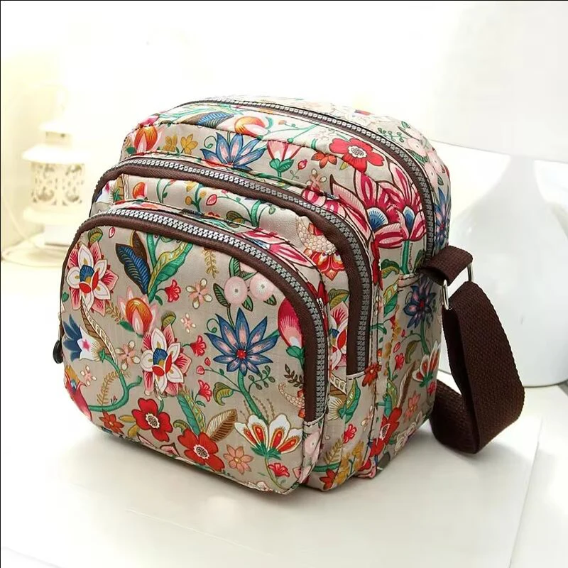 Fashion Flower pattern Nylon Women Crossbody Bag Multi-compartment Casual Mommy Shoulder Bag Portable Travel Waterproof Zip Bag