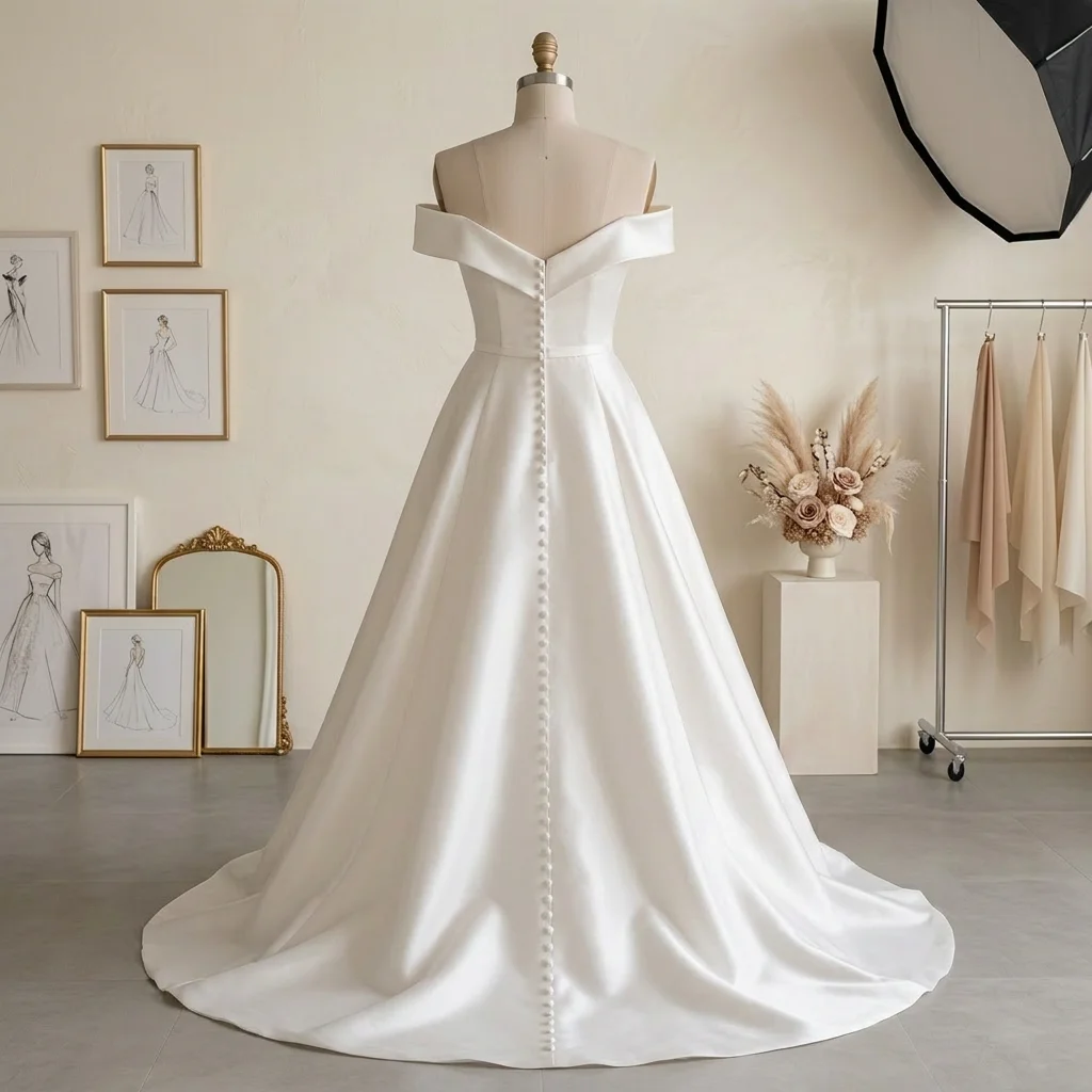 Off Shoulder Satin A Line Wedding Dress with Button Back & Train Minimalist Elegant Bridal Gown