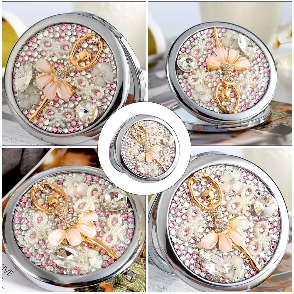 

Dual-Sided Makeup Mirror Compact Foldable Portable Travel Mirror for Women Rhinestone Design Magnifying Function