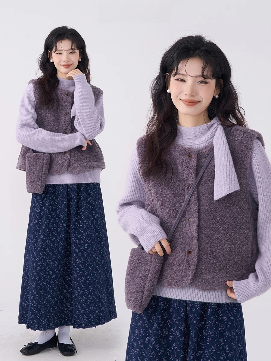 

Женский жилет Heme New Perspective Retro Bean Sand Purple Fur Jaet, верхняя одежда, утепленный зимний длинный пальто-жилет с круглым вырезом