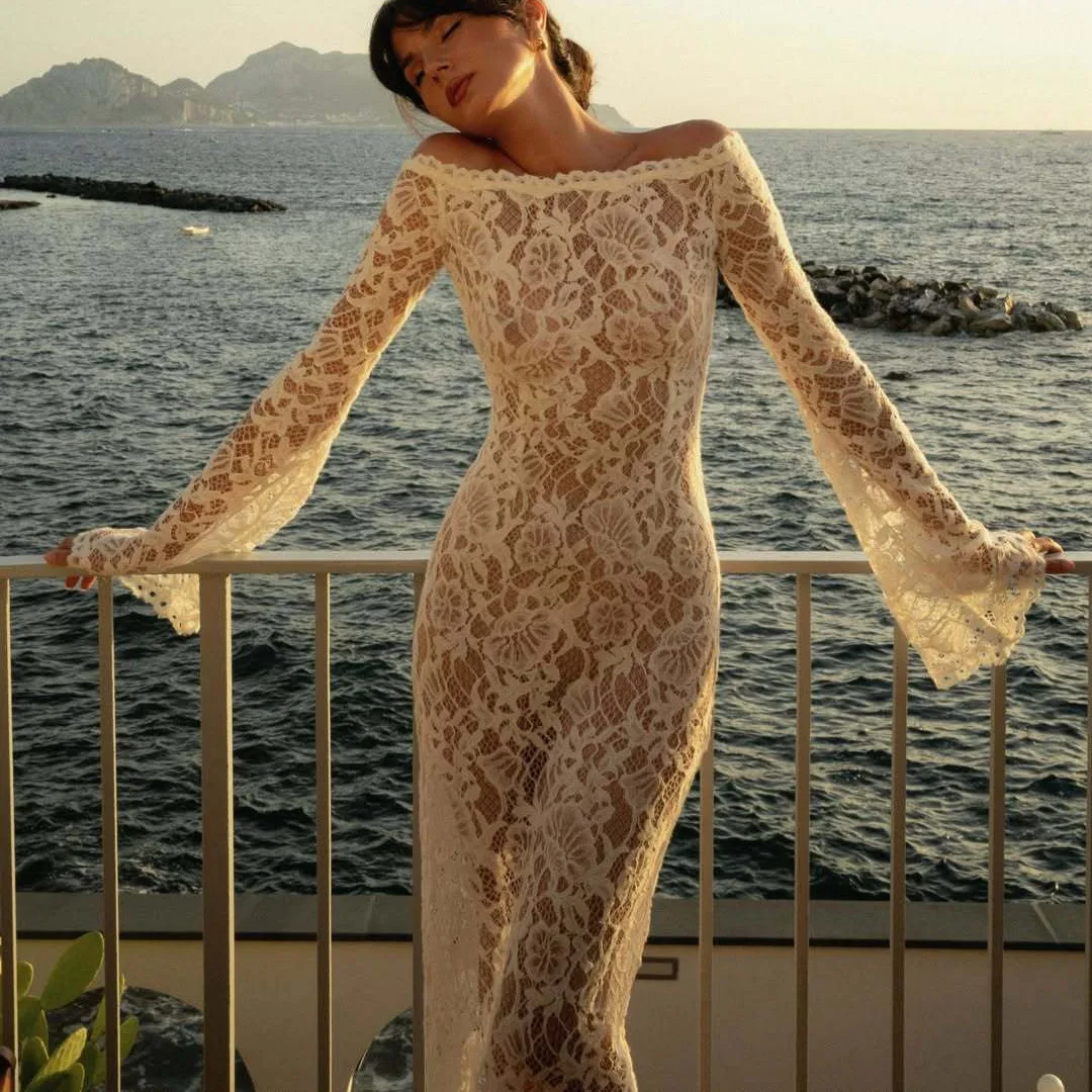 

Women Sexy See Through Lace Maxi Party Dress Fashion White Hollow Out Off Shoulder High Waist Bodycon Party Robe Holiday Outfit