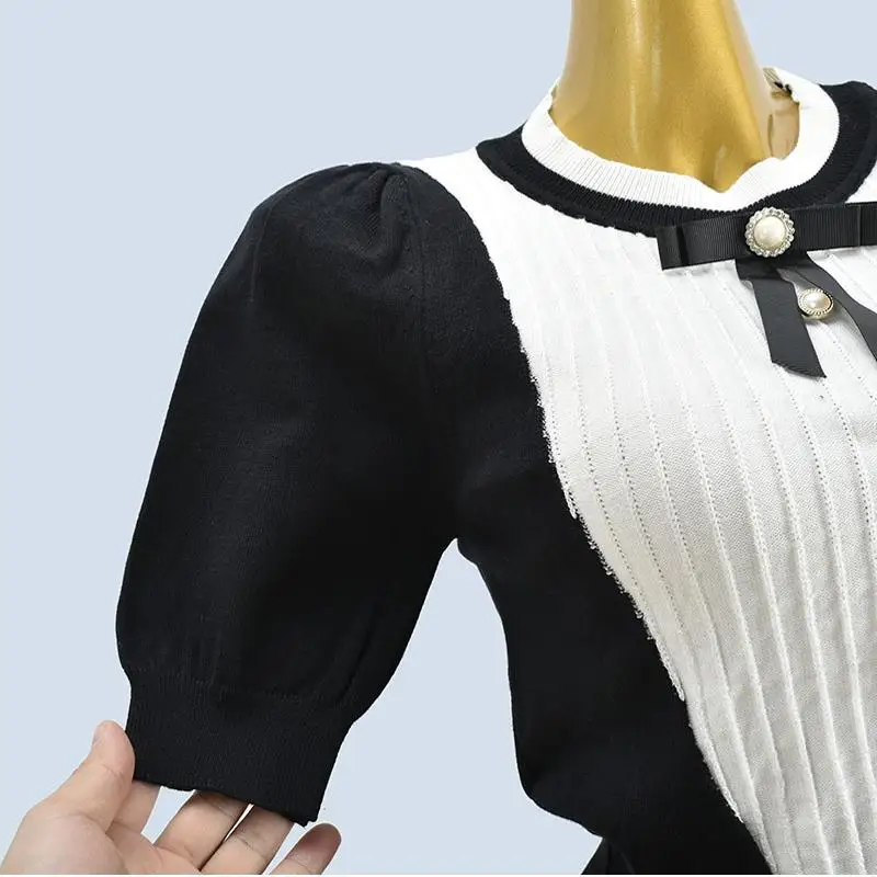 Sweet Color Blo Bubble ort Sve Knitwear Spring Summer  Knot Slimming Design Top Commute Sle Regular Thin