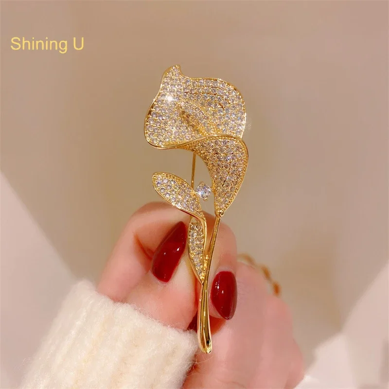 

Shining U Full Zircon Gems Tulip Brooch for Women Fashion Accessory for Suit Gift