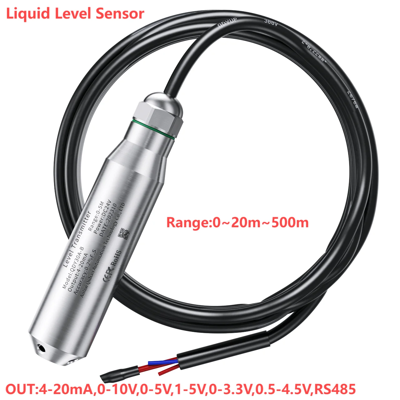 

2M 3M 5M 0-10V Range Liquid Level Sensor Transmitter DC24V Power 4-20mA 0-3.3V RS485 Submersible Water Level Sensor