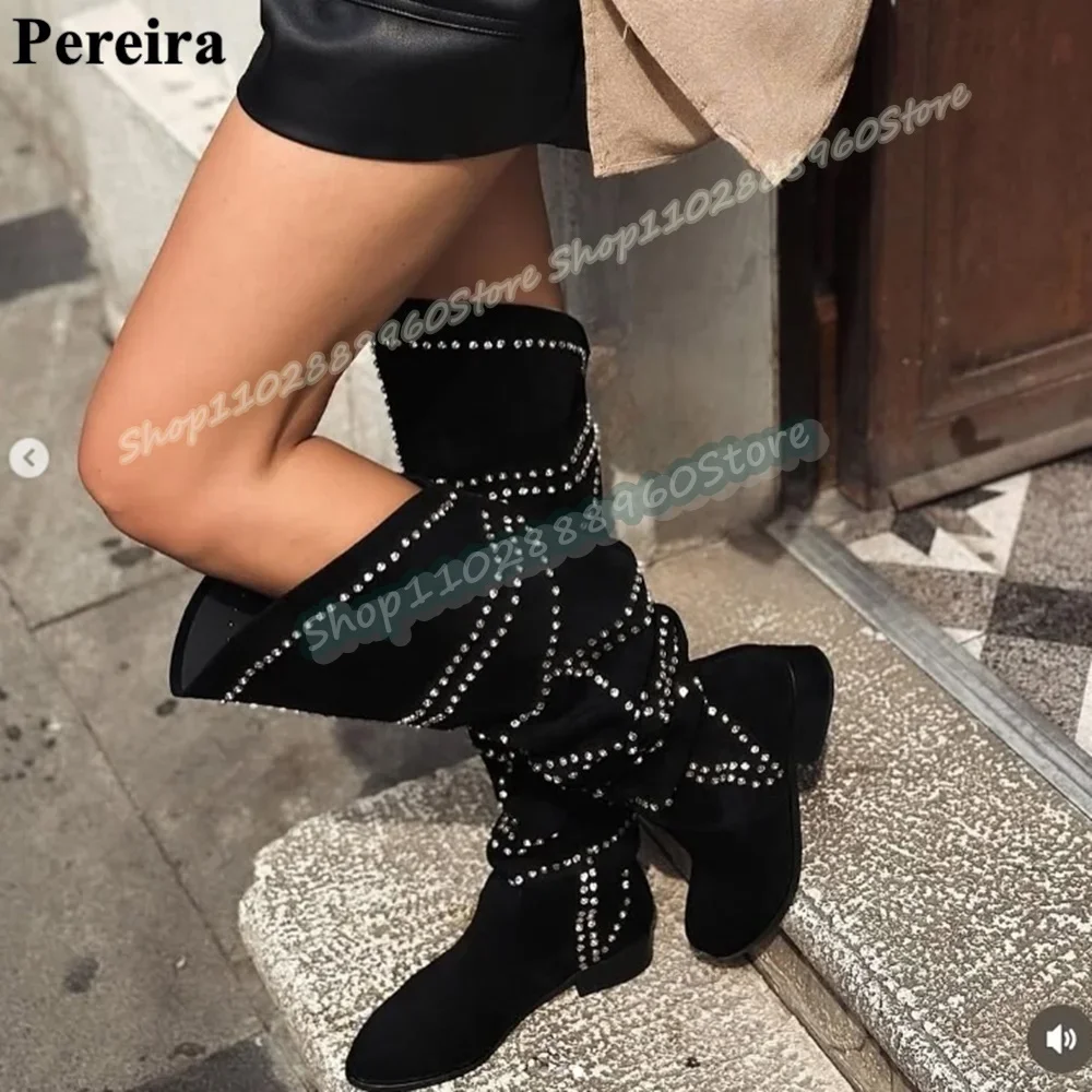 

Plus Size Knee High Black Flock Crystals Beveled Boots Flats Shoes For Women Slip On Round Toe Occidental Style Party Boots