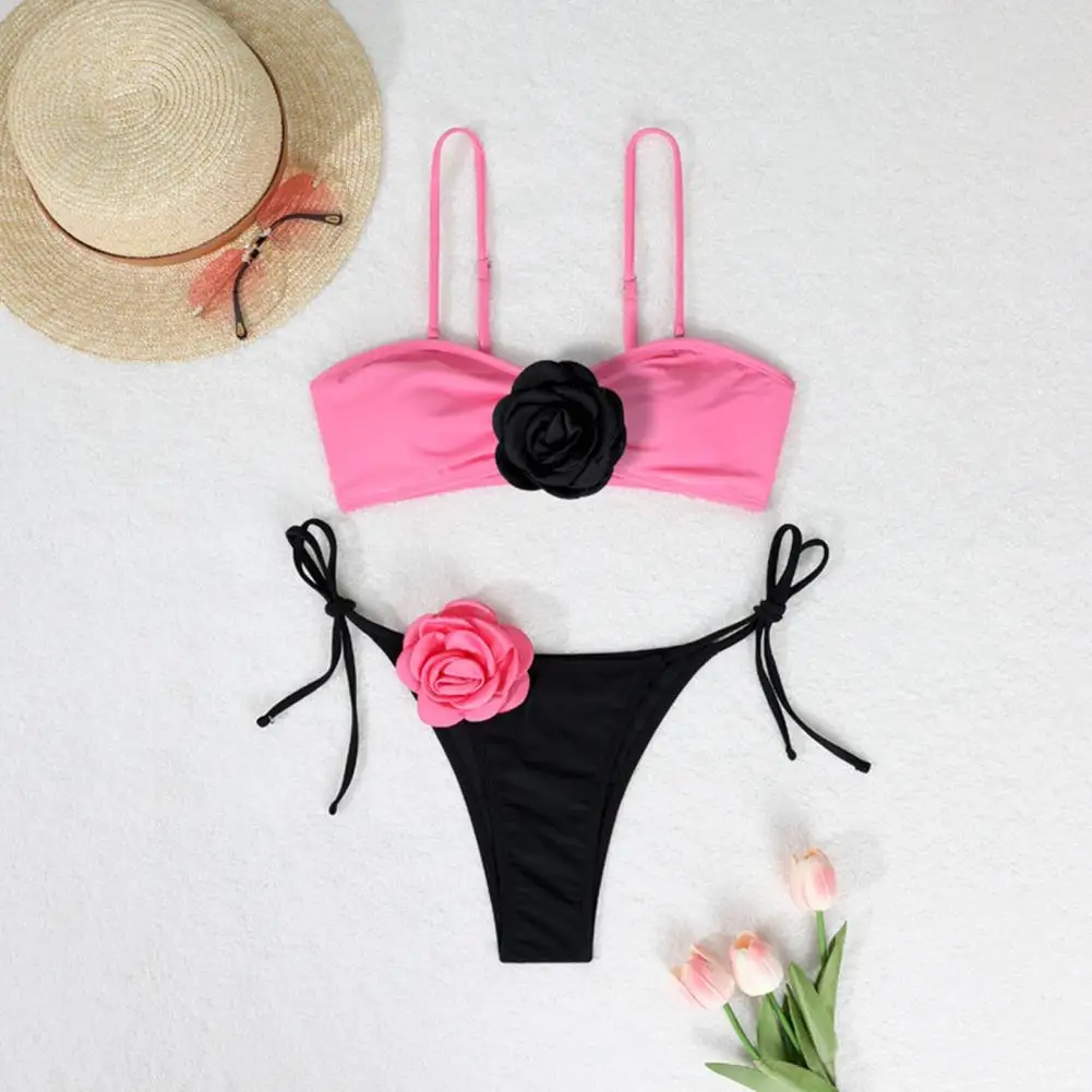 Strap Swim Trunks Set Women Bikini Set Sling Flower Decor Bra Lace-Up Briefs Set 3D Flowers Adjustable Shoulder Straps Swimsuit