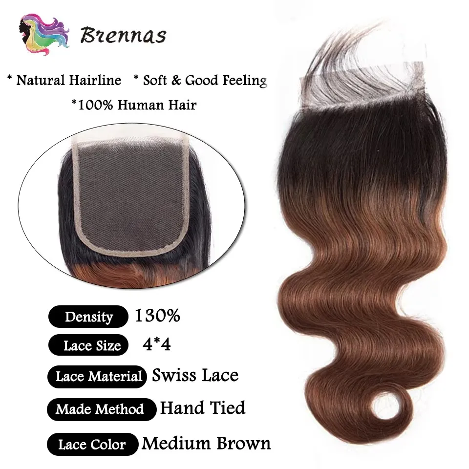 Ombre onda do corpo pacotes de cabelo humano com fechamento tece 1b/30 onda do corpo brasileiro 3 pacotes com fechamento de renda 4x4 para preto