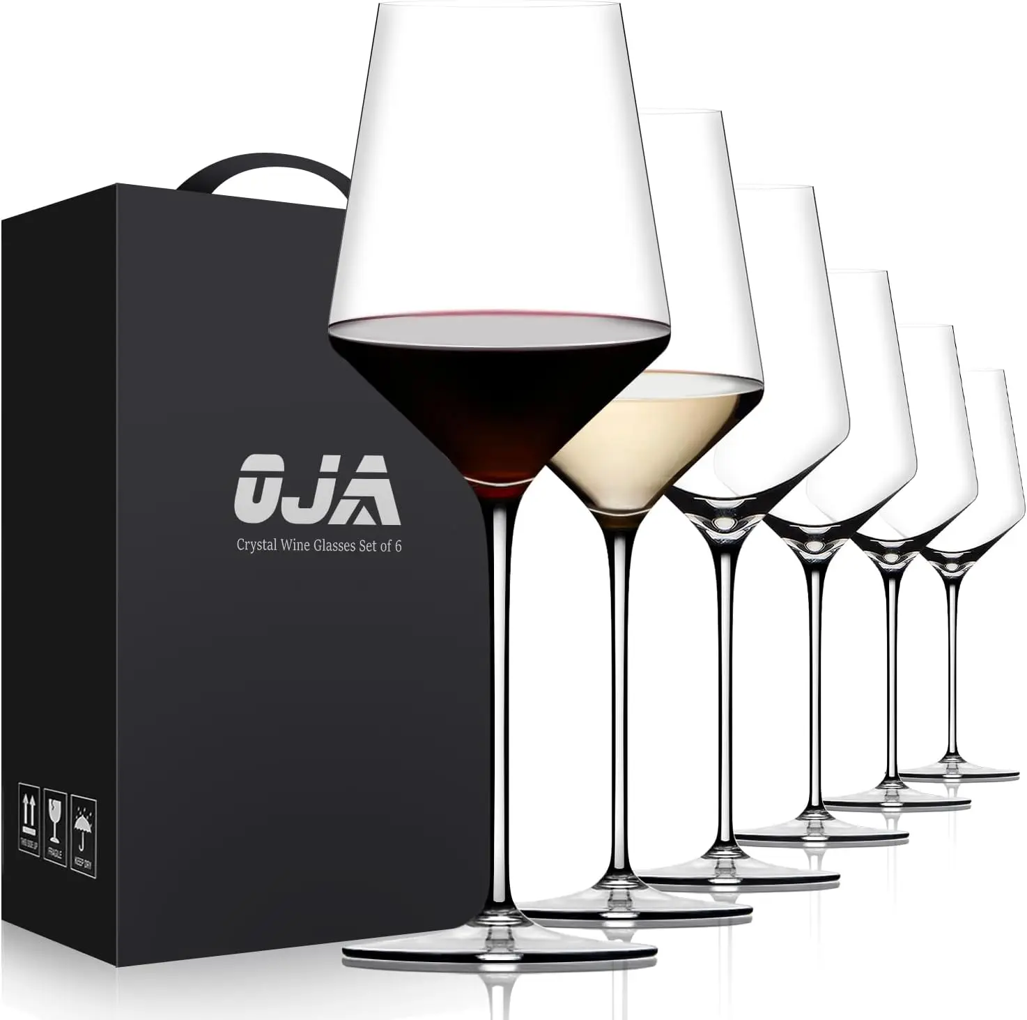 

Red Wine Glasses Set of 6, Hand Blown Crystal, 15 oz Thin Rim Long Stem, for Daily Use, Gift