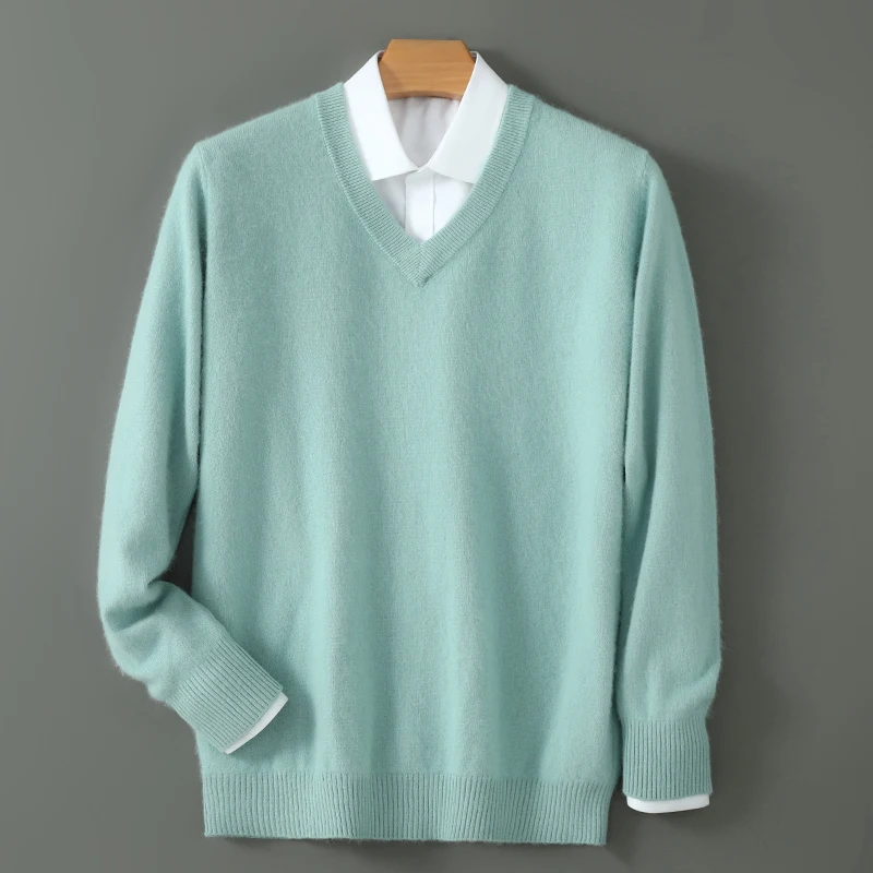 2025 Men's Sweater Pullover Long Sleeved Autumn Winter Mink Knit Sweater Loose V-Neck Solid Color Simple Casual Knitwear Tops