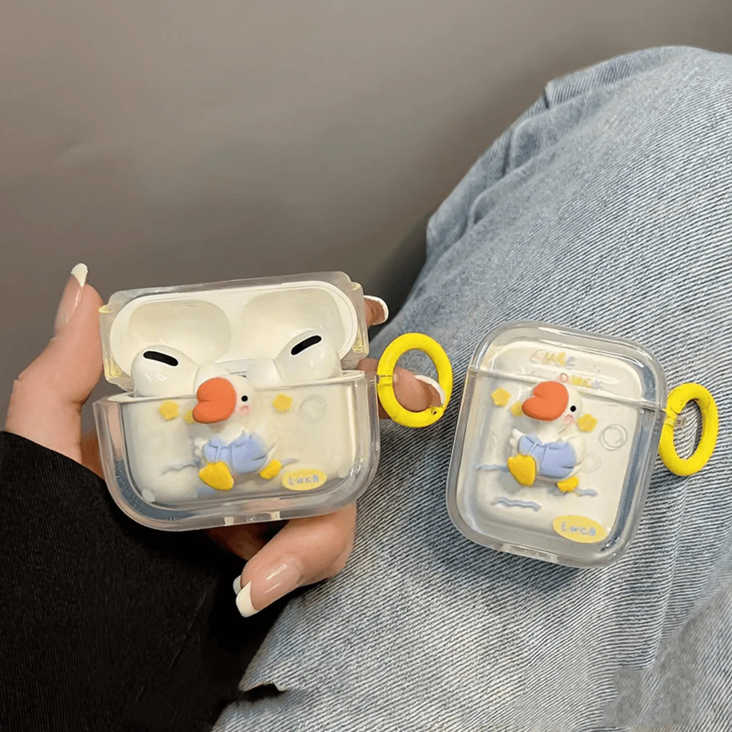 3D Luck Cute Duck Design Soft TPU Protective Shockproof Kawaii Airpods 1 3 Pro 2 Covers With Pearl Keychain