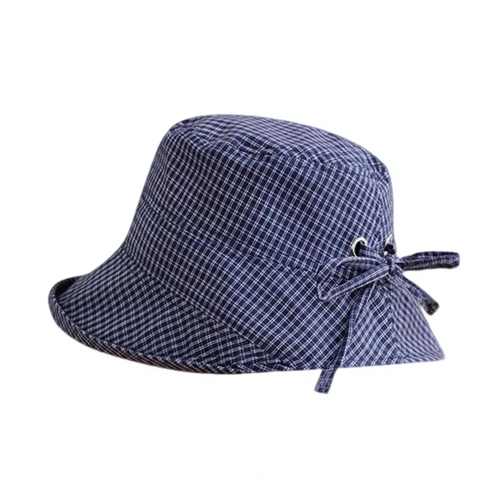 Adjustable Plaid Bucket Hat Plaid Fisherman Hat for Women Wide Brim Uv Protection Sun Cap Adjustable Back Bow Beach Hat Foldable