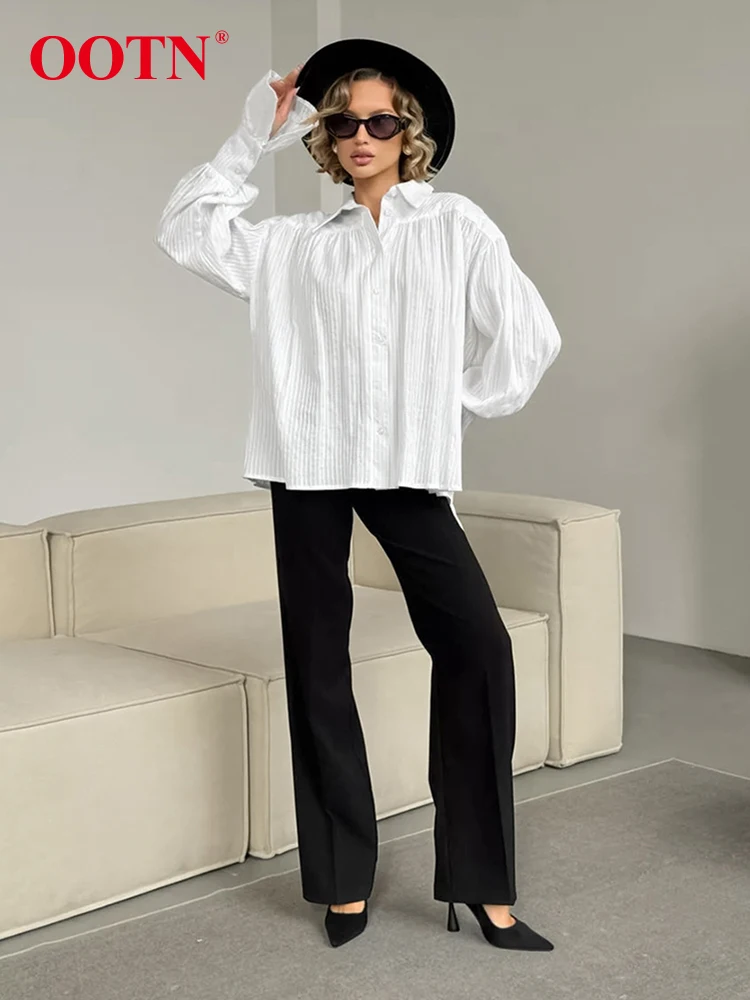 OOTN Elegant Flare Sleeves Jacquard Weave Shirt Women Office Ladies Turn Down Collar Oversize Blouses And Tops Autumn 2024 Loose