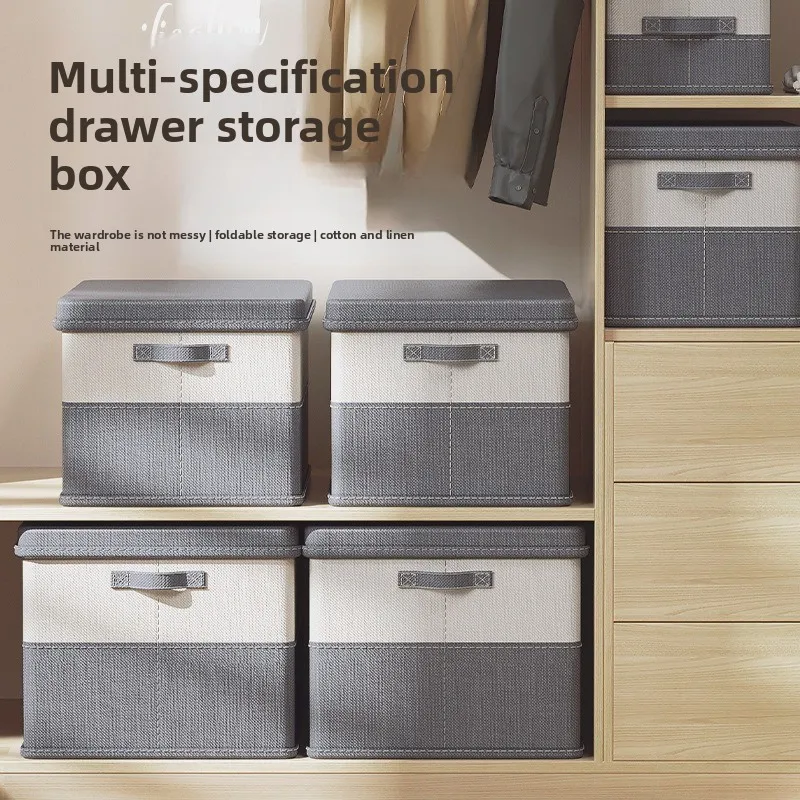 Color Matching Cotton and Linen Large-capacity Clothing Household Dustproof and Moisture-proof Foldable StorageBox with Lid