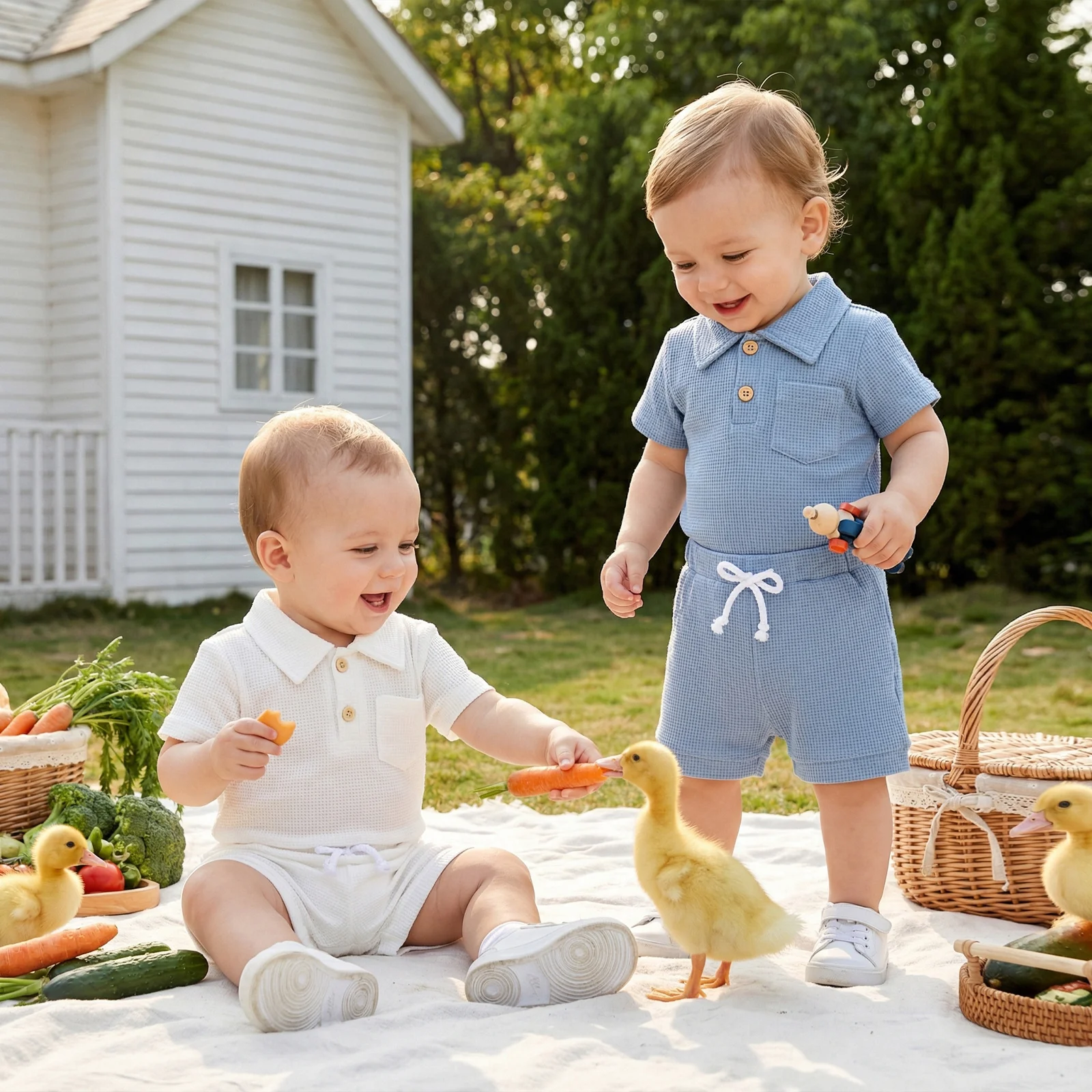 

Blotona Baby Boy Summer Outfits Waffle Texture Button Lapel Neck Short Sleeve Romper and Shorts 2 Pcs Set