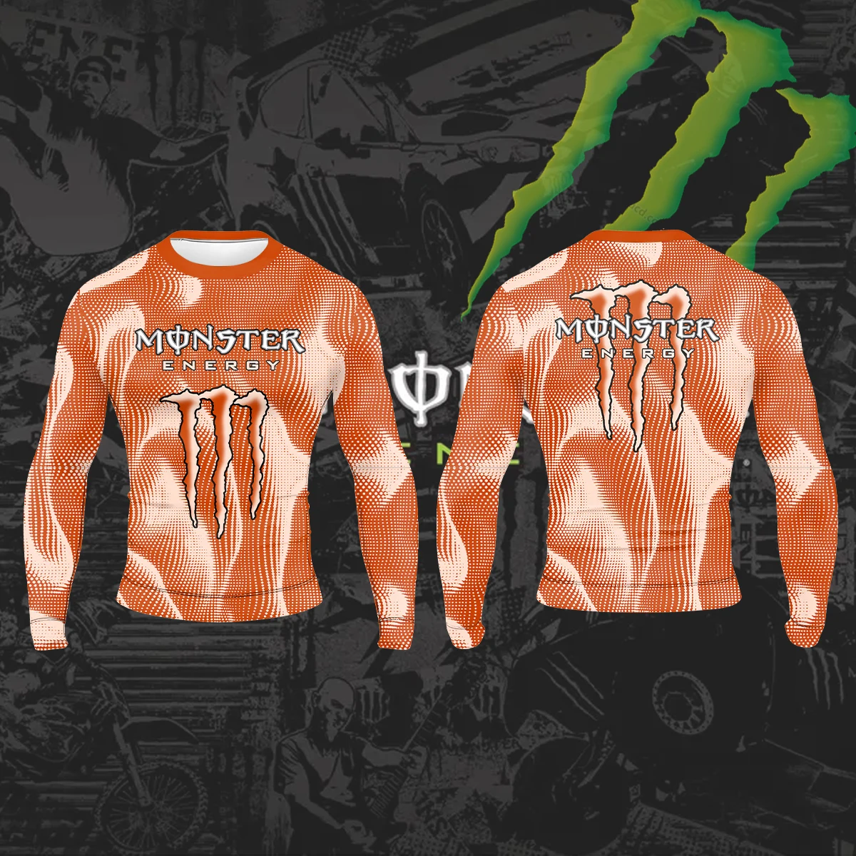 Monster Energy Men's Long Sleeve Gradient Wave Point Classic Claw Print Trendy Functional Wind Explosive Round Neck Quick Drying