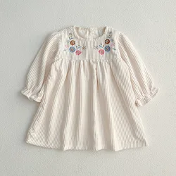 Autumn Toddler Girls Dress Children's Clothing New Kid Sweet Doll Collar Corduroy Dress Spring Baby Embroidered Flowers Dress