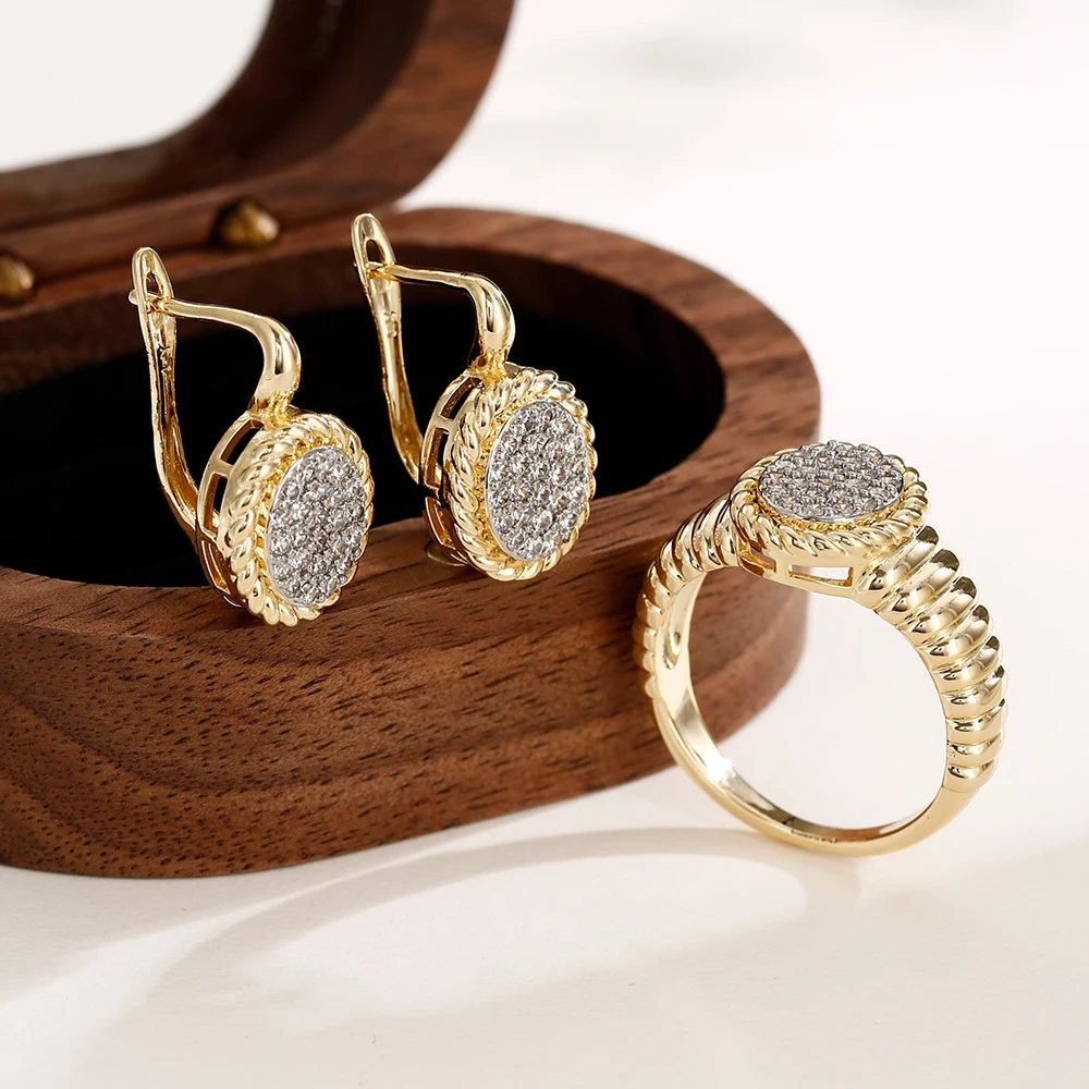 Ovale Ohrringe und Ring mit Diamantenbesatz, verkupfert, 14K vergoldet, modischer Schmuck, vielseitige Accessoires für den täglichen Gebrauch. – Detail 6