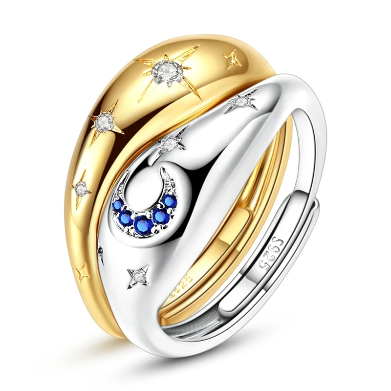 925 Sterling Silver Ring Sparking Wave Star and Moon Open Rings For Women Girls Jewelry Birthday Anniversary Gifts
