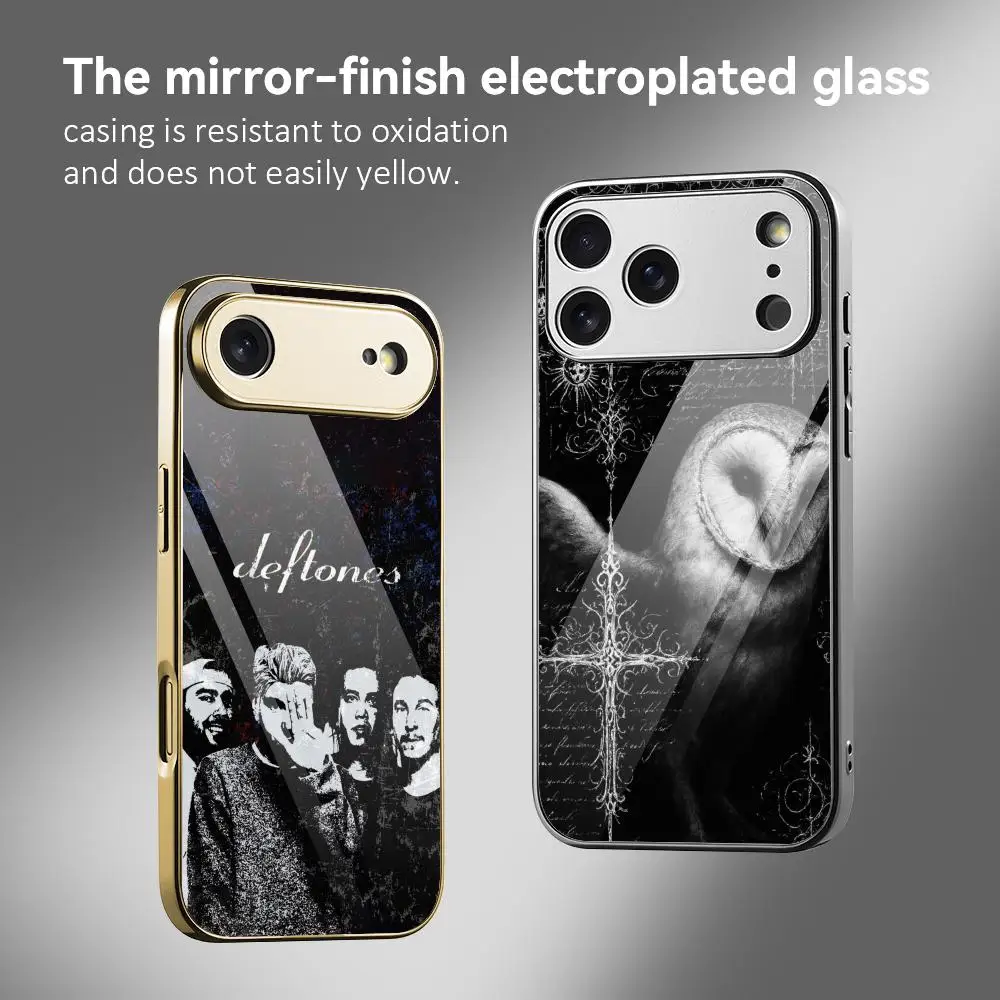 

D-DEFTONES Metal Rock Phone Case For iPhone 17 16 15 14 13 12 Pro Max Plus Electroplated Metal Bumper Case Tempered Glass Back