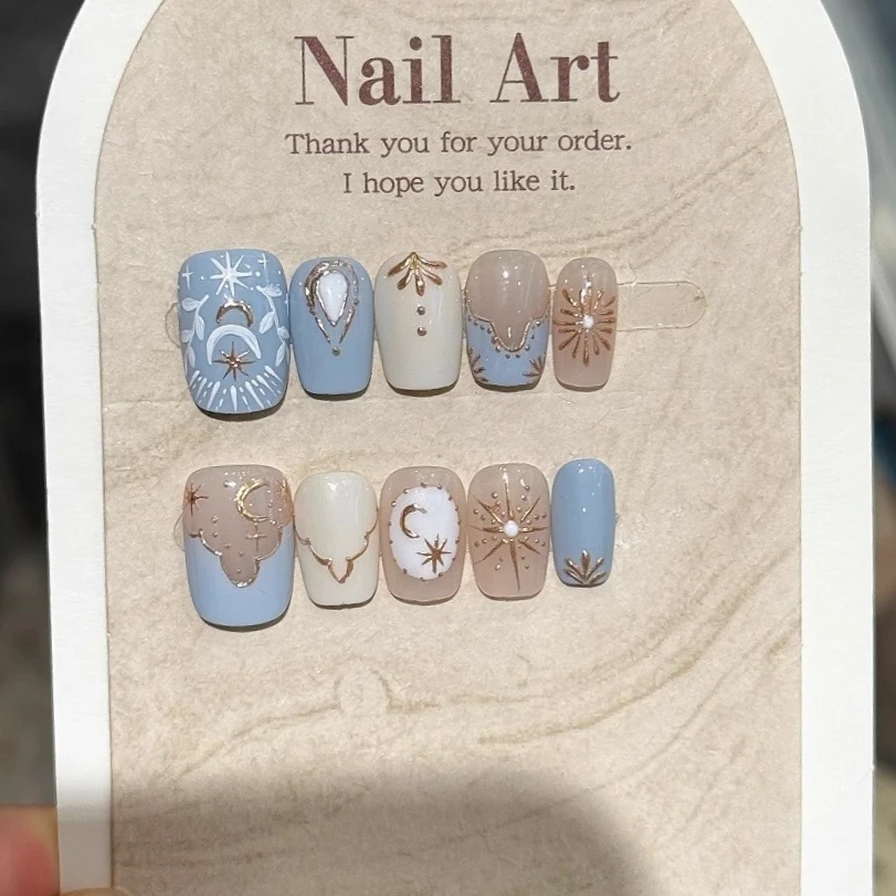 

10 шт., ретро-пресс ручной работы на ногтях, синие накладные ногти, носимые наклейки на ногти, полное покрытие, накладные ногти 네일 опытные