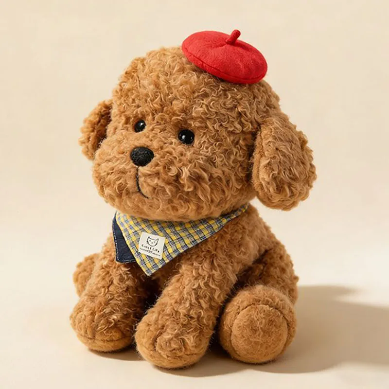 

Kawaii Curly Dog Plush Toy Cute Teddy Dog with Red Beret and Plaid Scarf Soft Stuffed Animal Doll Gift for Kids and Adults Girls